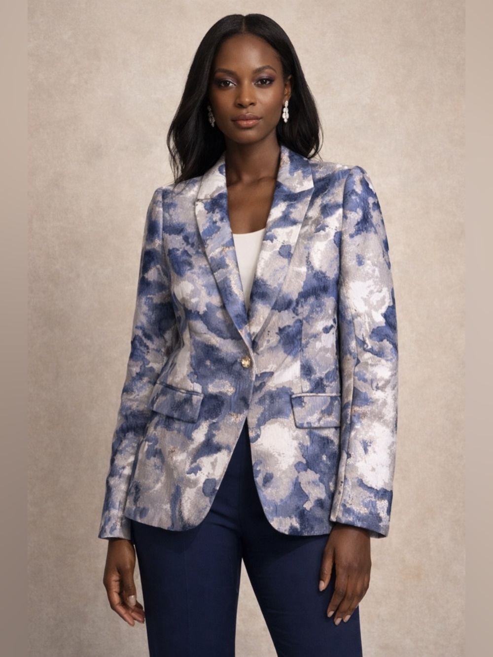 NWT Donna Karan New York Metallic Jacquard Blazer – Blue Abstract – Size 6
